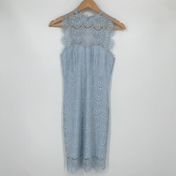 NWT Bardot Braxton Lace Mini Dress in Baby Blue Bodycon Cutout Mock Neck Dress - Picture 5 of 14